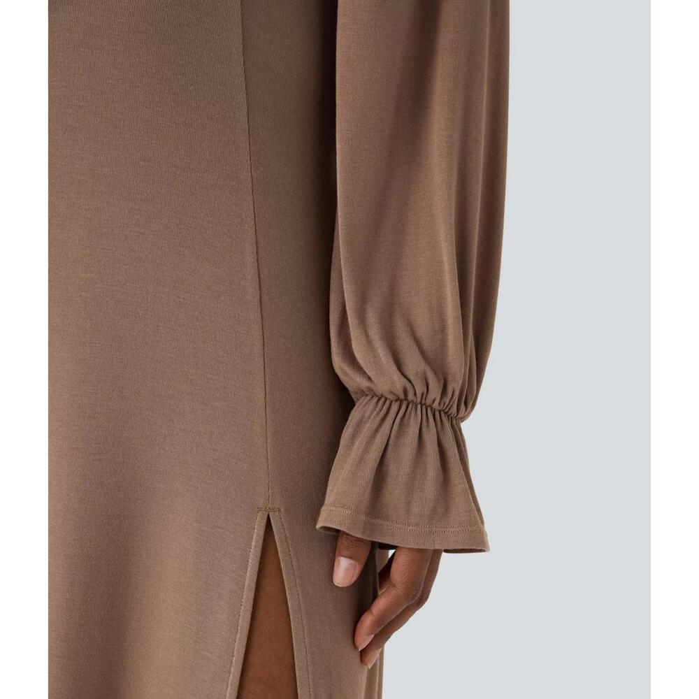 NWT Halara Square Neck Tie Front Flounce Long Sleeve Hem Midi Dress Beaver Fur M - Picture 6 of 11